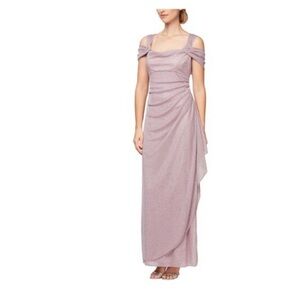 Alex Evenings Cold Shoulder Glitter Mesh Dress Draped Skirt Cowl Neckline *14*